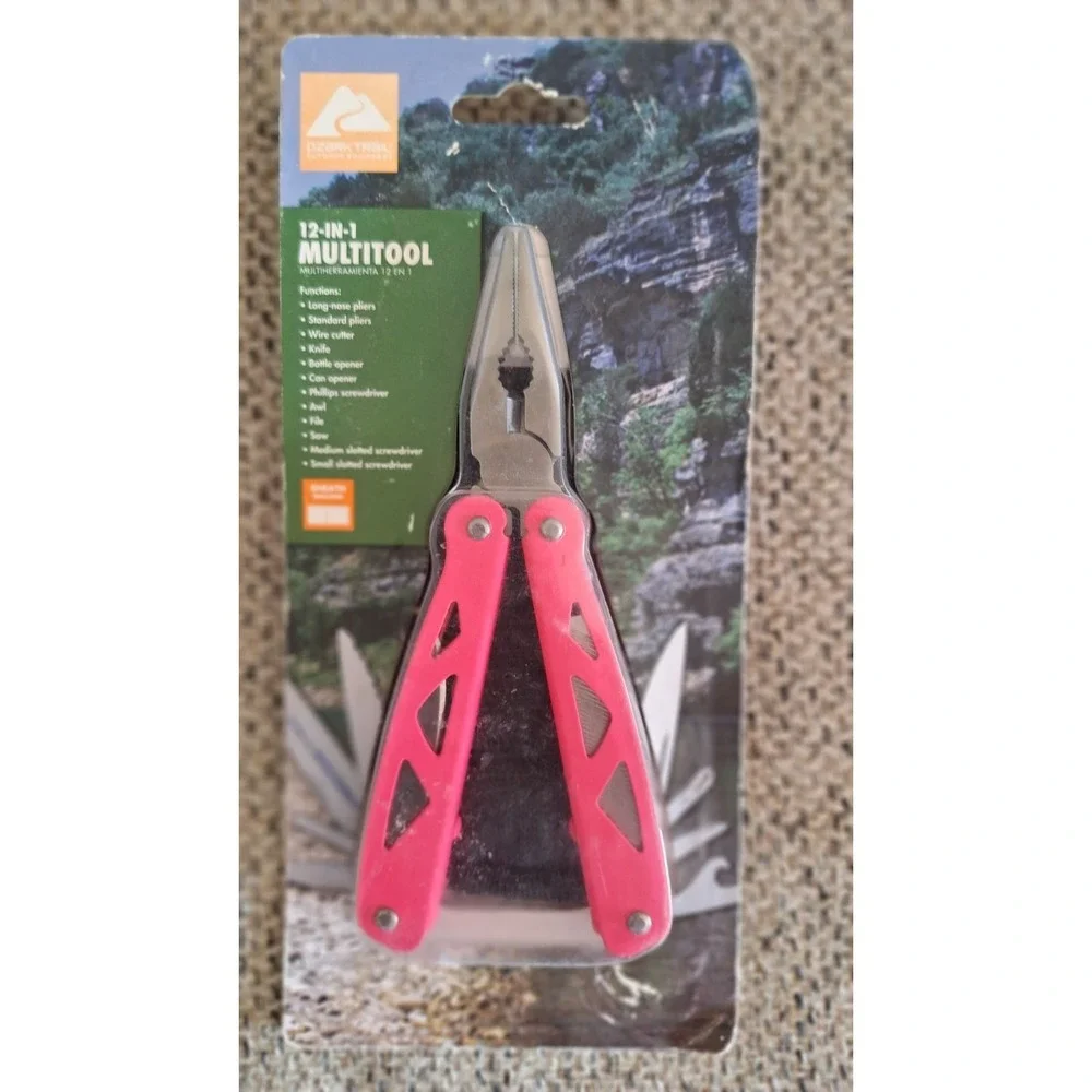 OZARK TRAIL 12 IN 1 MULTI TOOL PINK HANDLE STAINLESS STEEL W SHEATH NEW